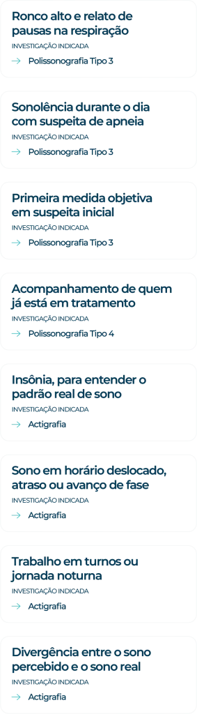 Indicações para realização de exames do sono, incluindo polissonografia tipo 3, polissonografia tipo 4 e actigrafia, para investigação de apneia do sono, insônia e distúrbios do ritmo circadiano.